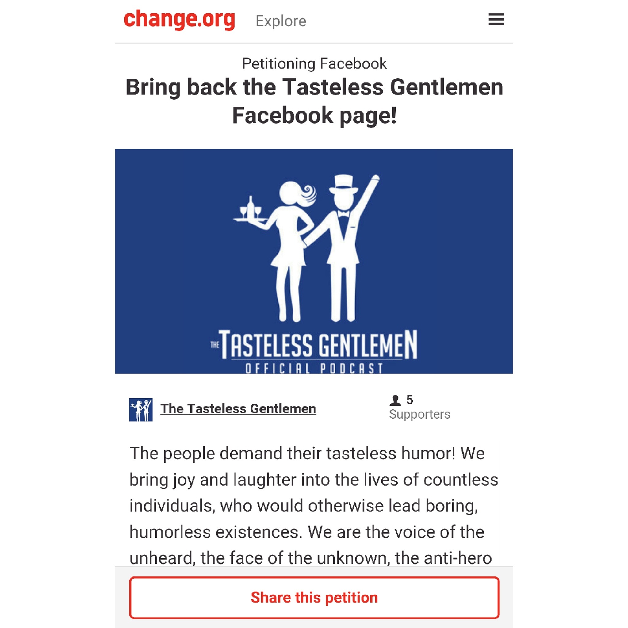 Petition To Get The Tasteless Gentlemen Back On Facebook